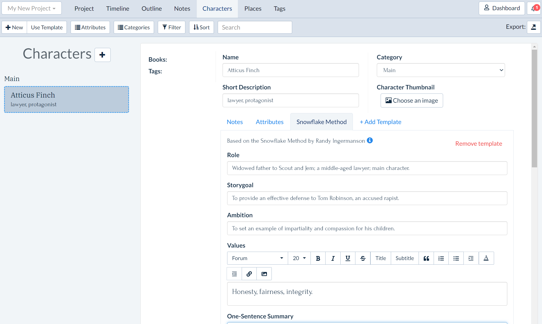 Snowflake Method Character Template in Plottr