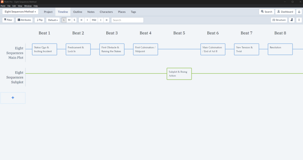 eight sequences plot structure - timeline view in Plottr