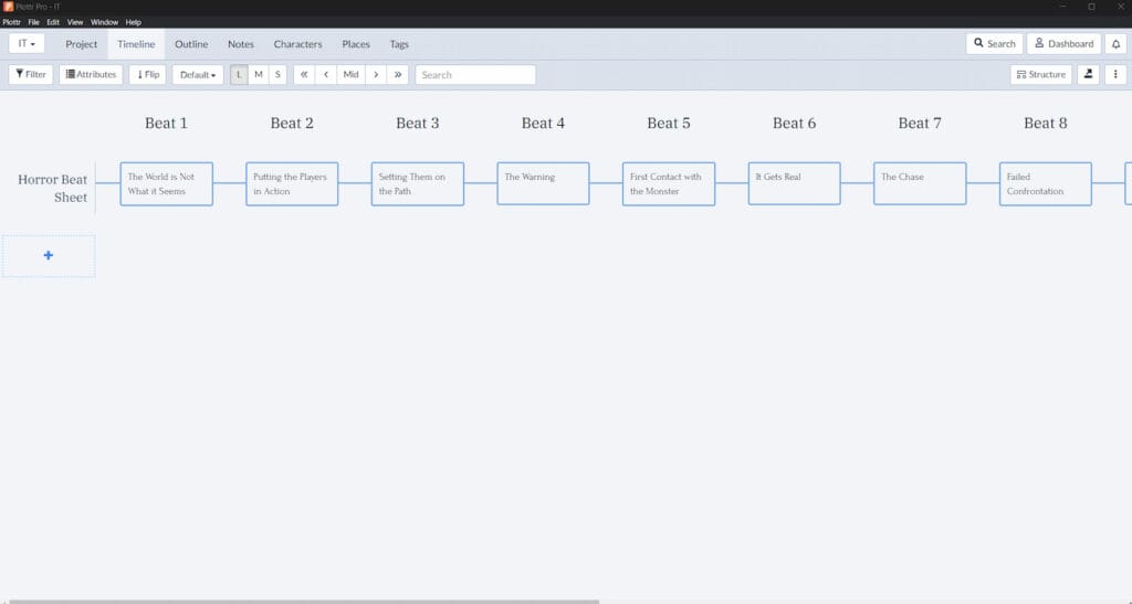 Horror beat sheet step 4 - starting in timeline view in Plottr