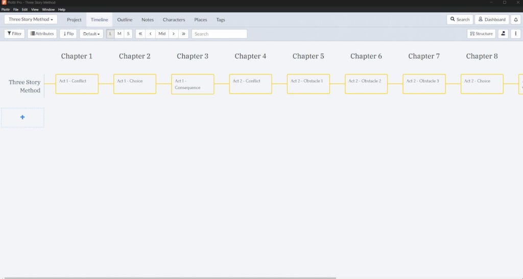 Three Story Method template timeline in Plottr