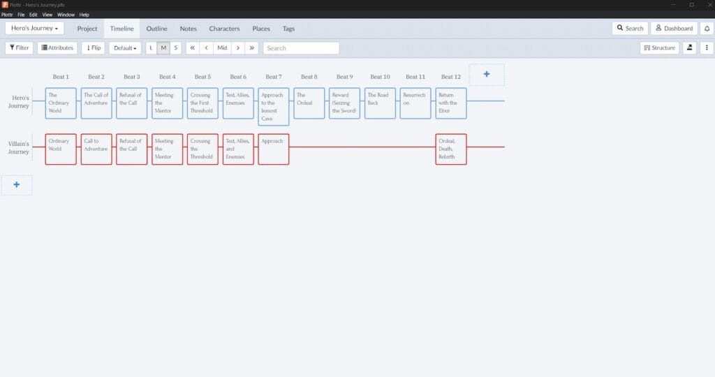 Hero's journey and villain's journey plotlines in plottr