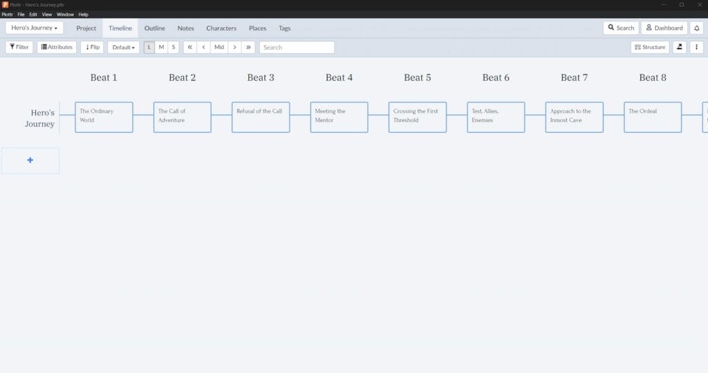 Hero's journey plot structure timeline in Plottr