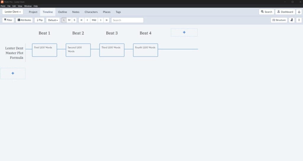 Lester Dent Master Plot timeline in Plottr