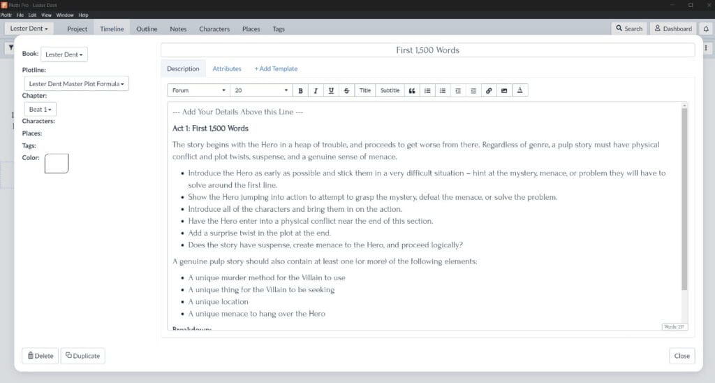 Lester Dent Pulp Plot Formula - scene card example in Plottr