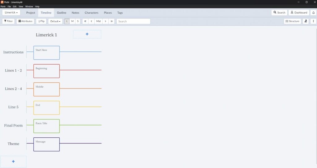 Limerick Template in Plottr - Timeline view