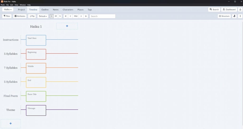 Plottr haiku template - timeline view