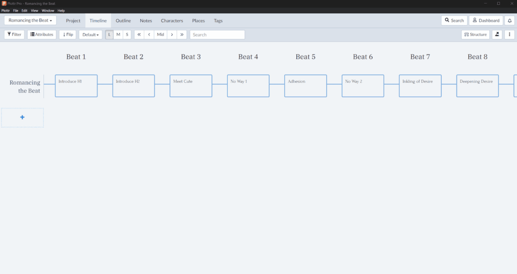 Romancing the Beat plot template - timeline view in Plottr