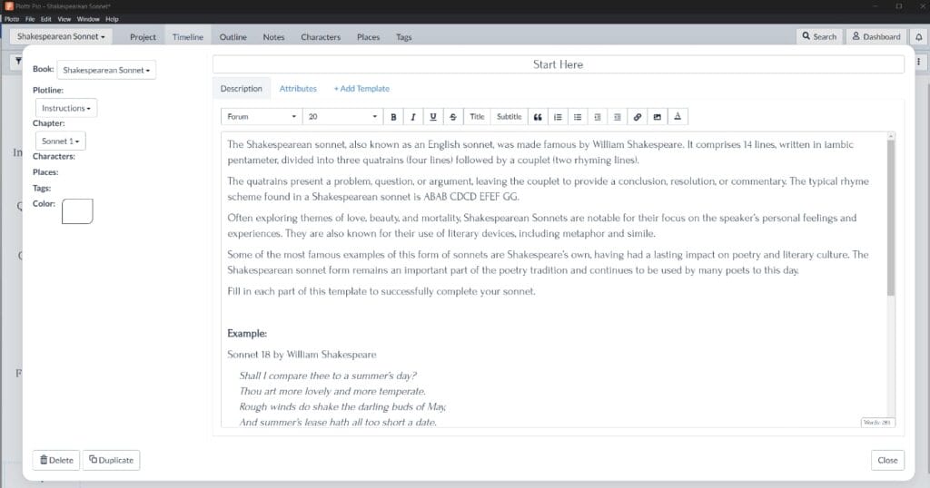 Shakepearean Sonnet template in Plottr - Instruction card