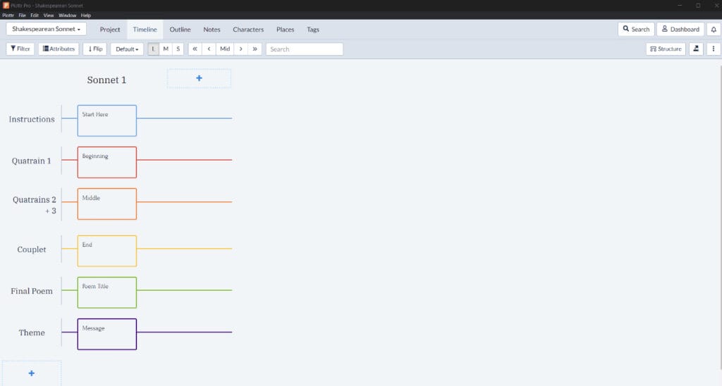 Shakespearean Sonnet template in Plottr with column for process