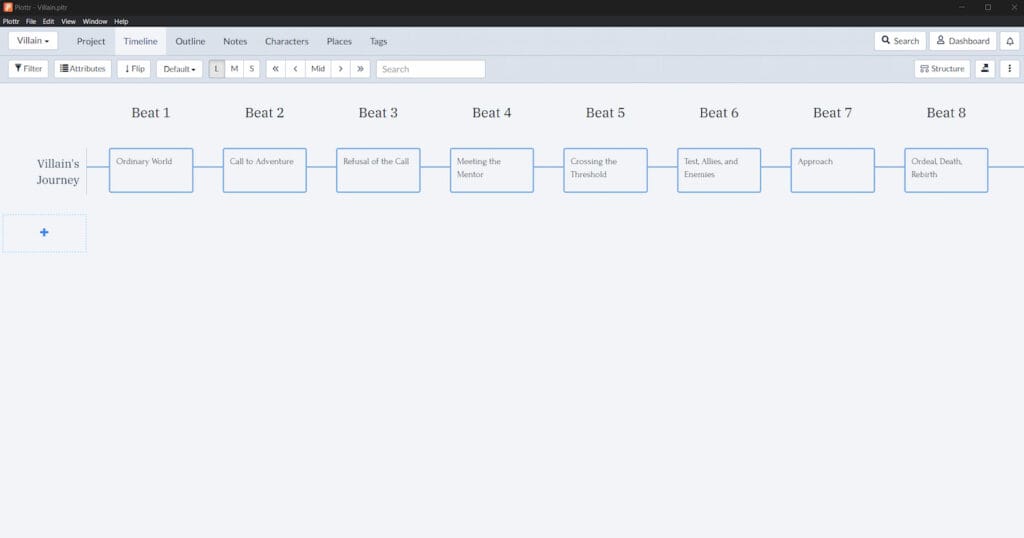 Villain's journey template in Plottr - timeline view