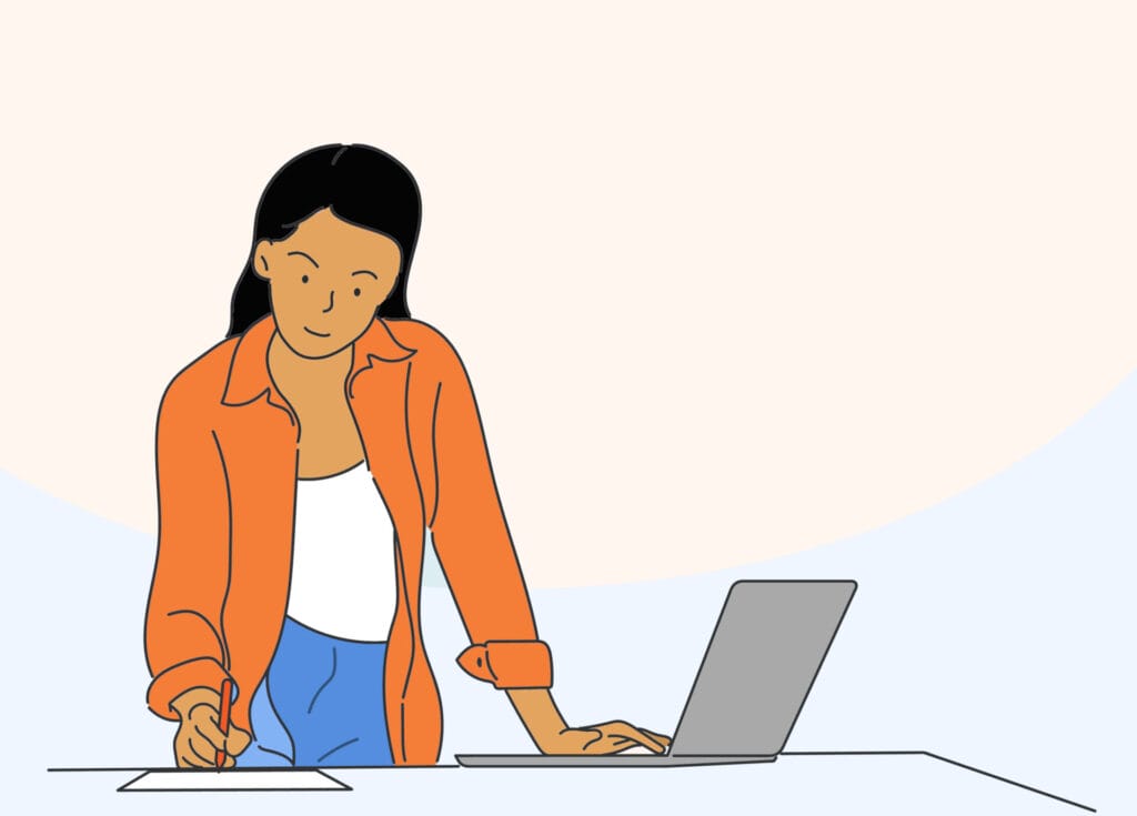 Woman outlining a story in a writing webinar