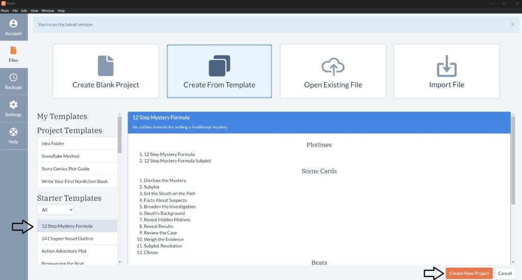 Opening the 12 Step Mystery Formula template in Plottr