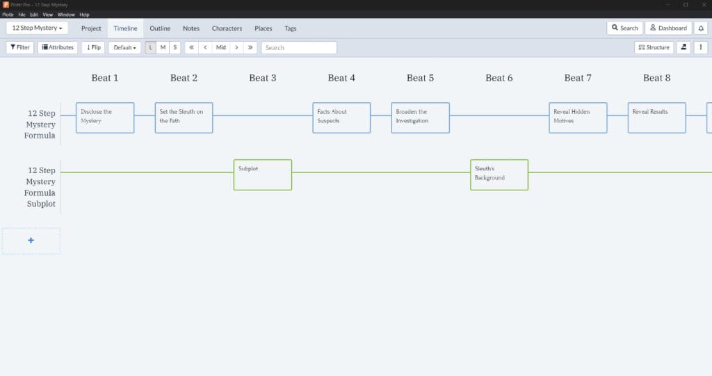 12 Step Mystery timeline tab in Plottr