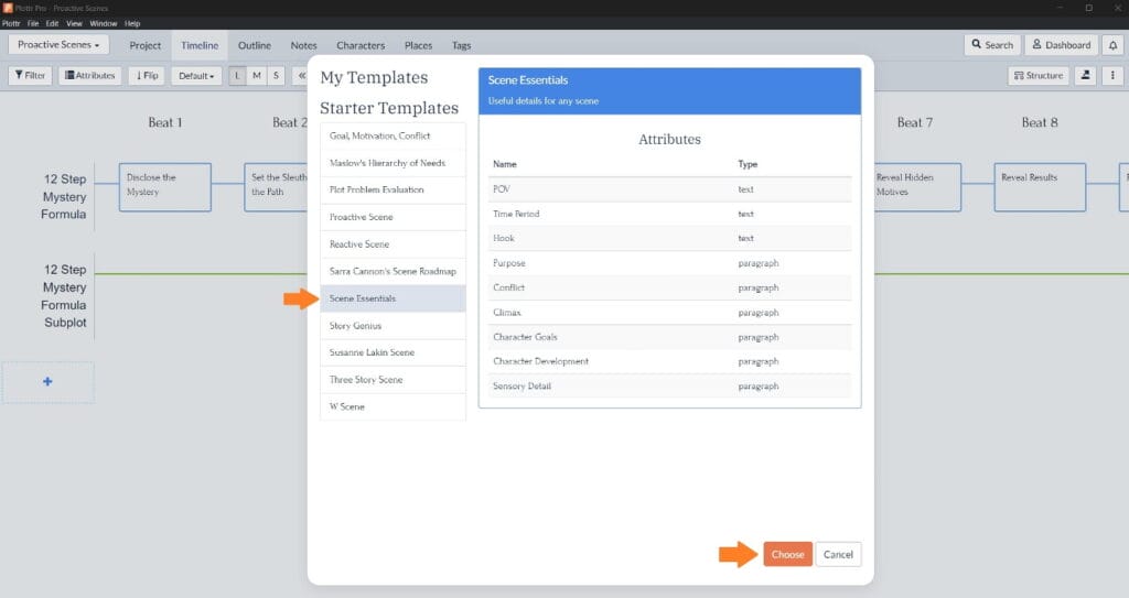 Adding the scene essentials template to Plottr timelines