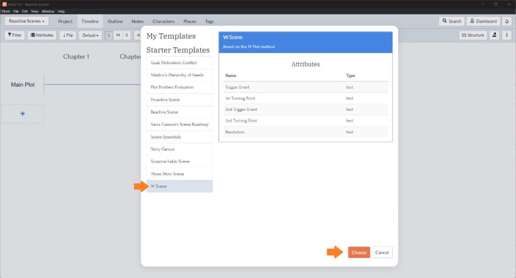 Choosing the W Scene template in Plottr