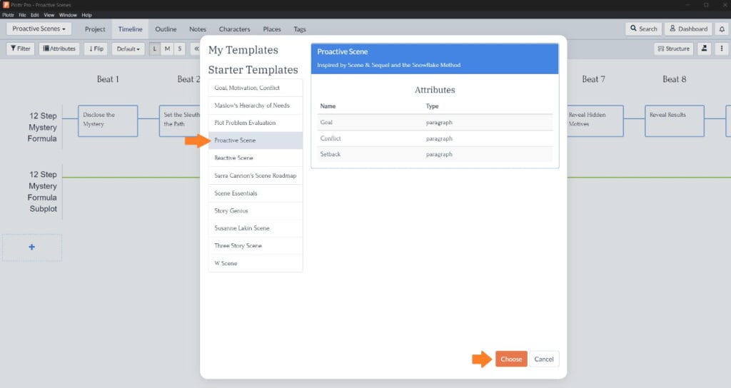 Choosing your scene template in Plottr