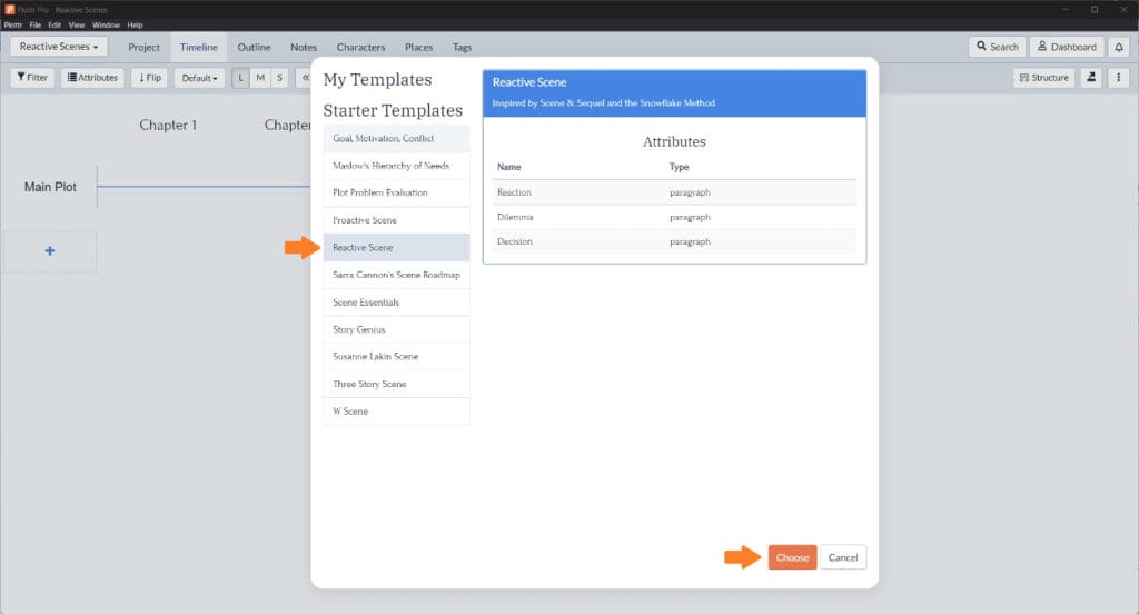 How to select the reactive scene template in Plottr