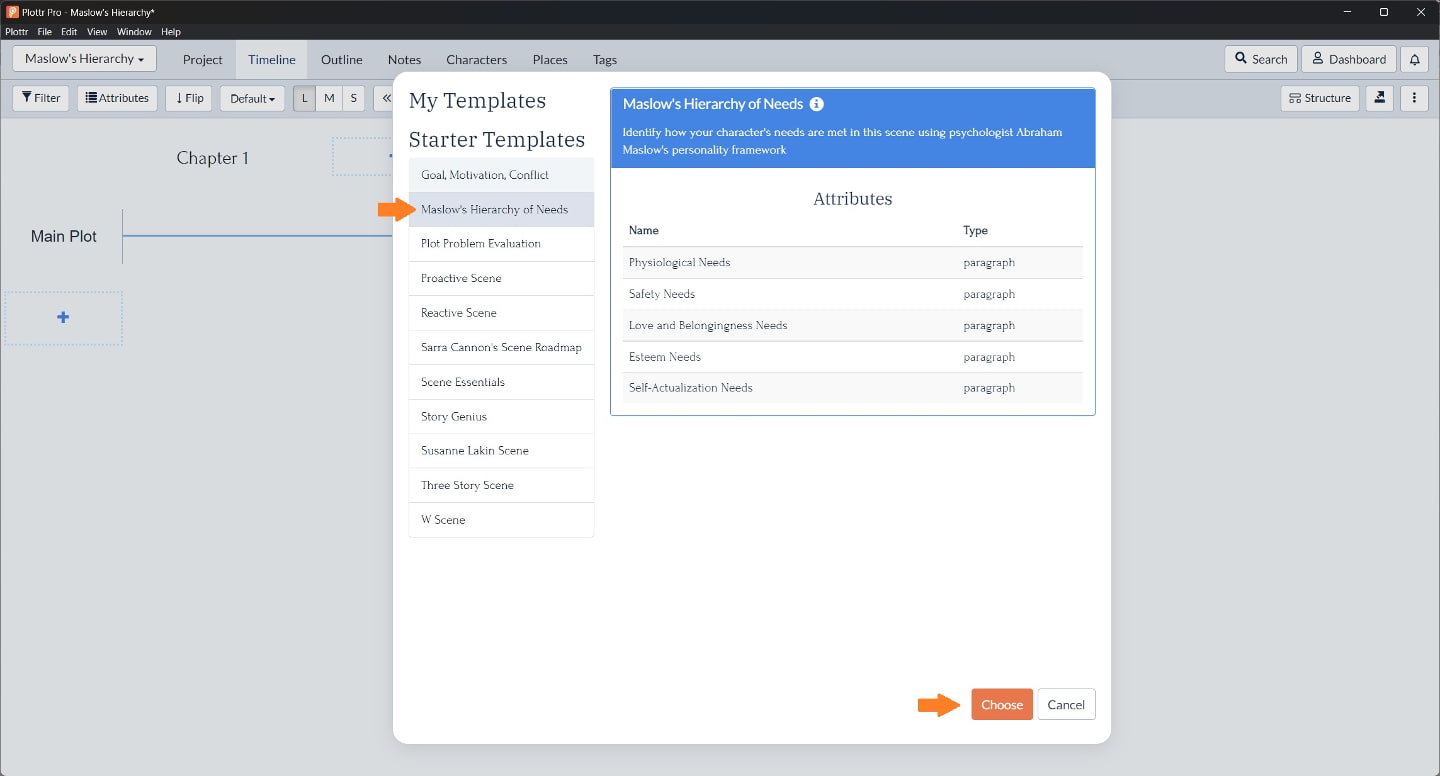 How to Select the Maslow's Hierarchy Scene Template in Plottr