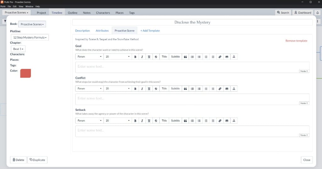 Proactive scene template in Plottr