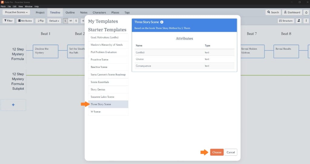 Three story scene template add to timeline in Plottr