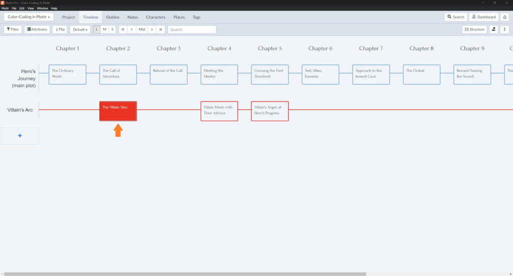 Example of color-coded scene card in Plottr