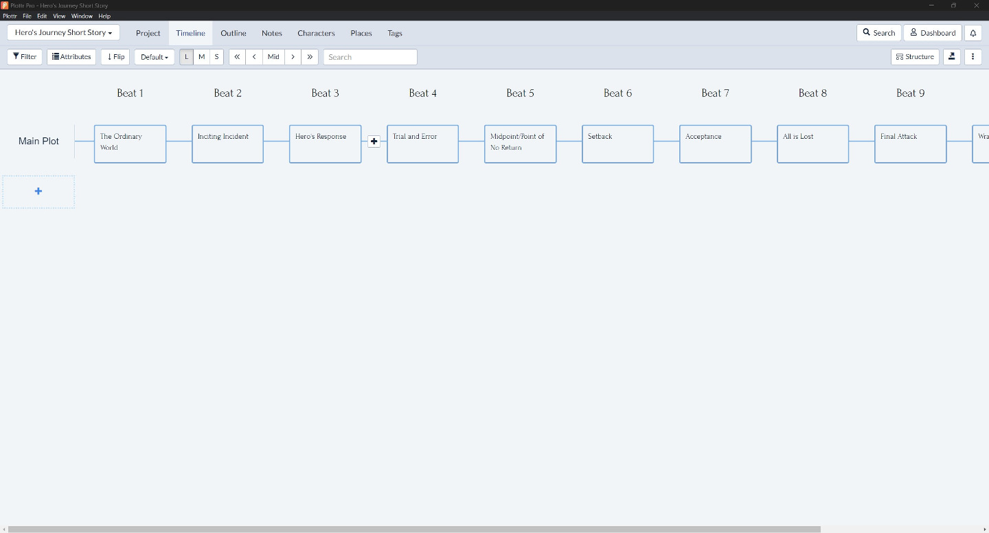 Hero's Journey Short Story Template - timeline view in Plottr