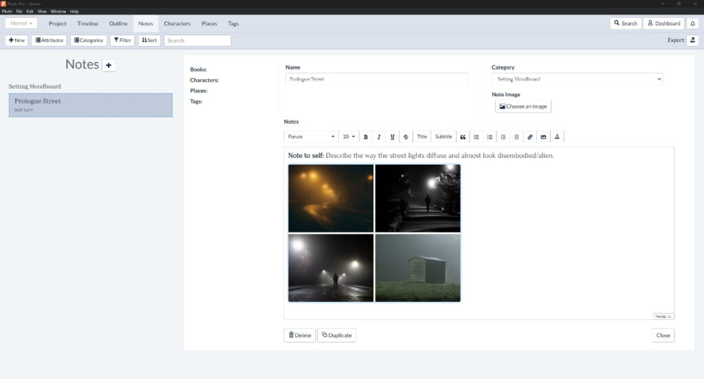 Example of moodboard note in Plottr