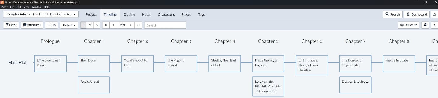 Hitchhiker's Guide Reverse Outline and Plot Analysis in Plottr