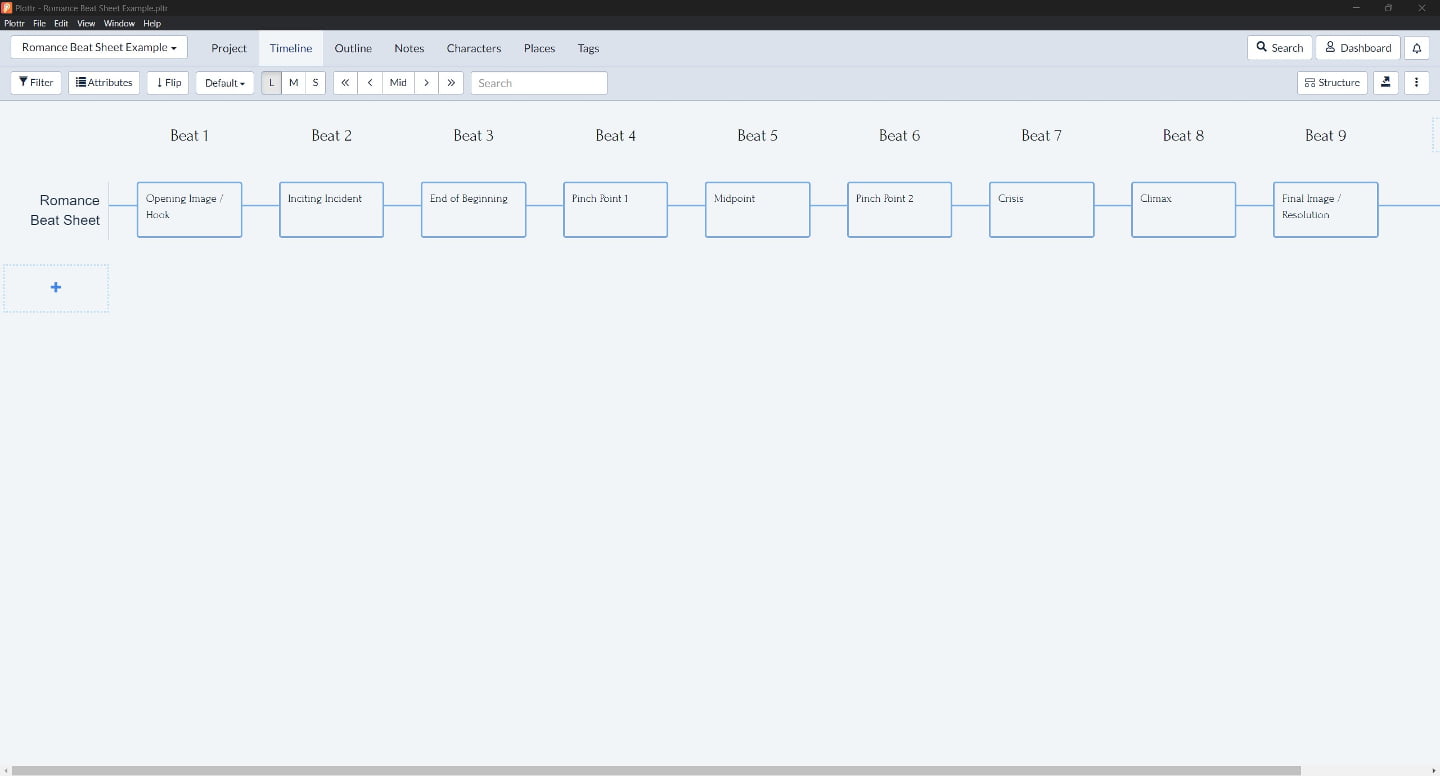 Romance beat sheet timeline in Plottr