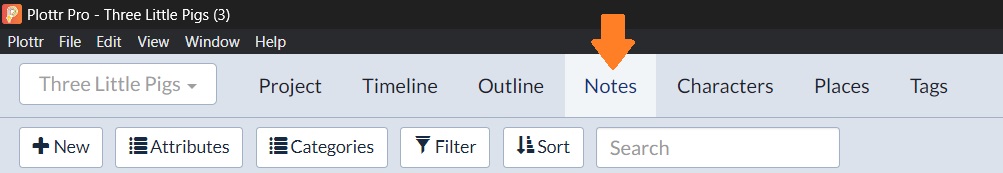 The Notes tab in Plottr