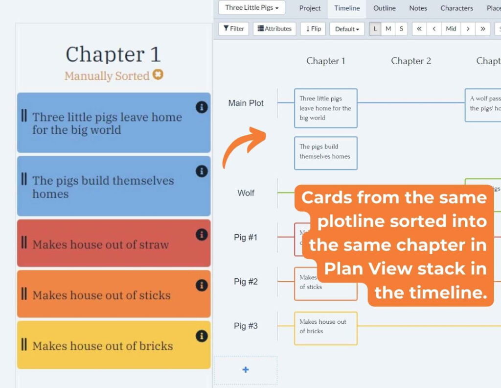 Cards from same Plotline sorted into same chapter show stacked