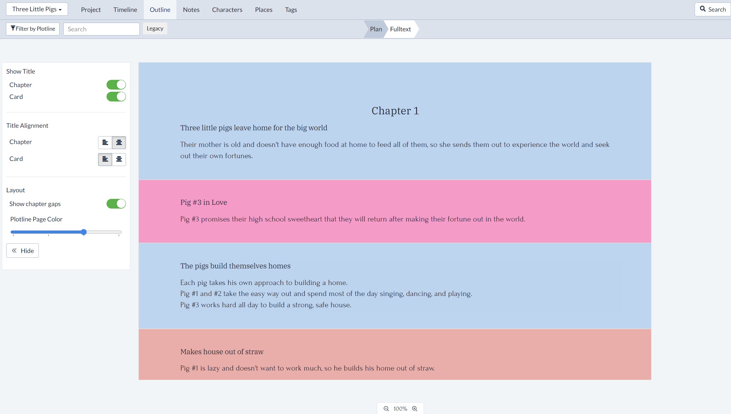 Fulltext view in Plottr with plotline colors