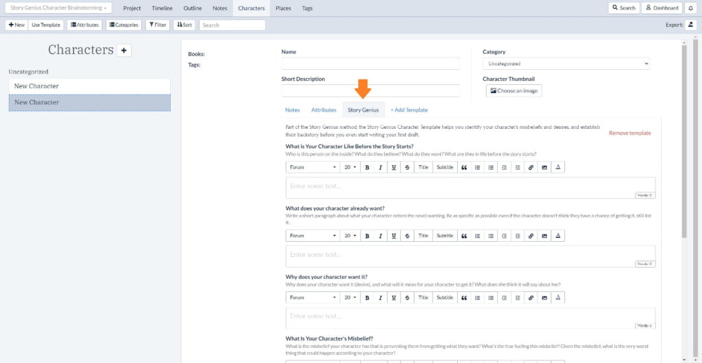 Story Genius character worksheet in Plottr