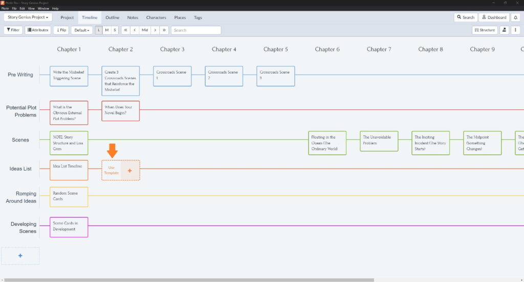Using a scene template with Story Genius method in Plottr