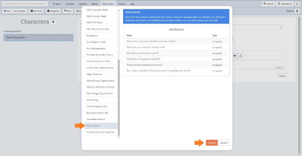 Where to find the Story Genius character template sheet in Plottr