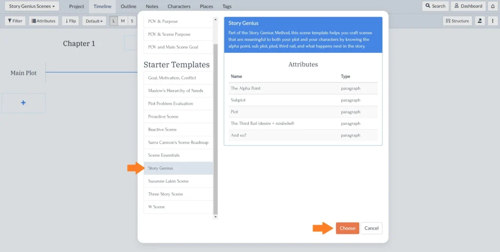 Using the Story Genius scene template in Plottr