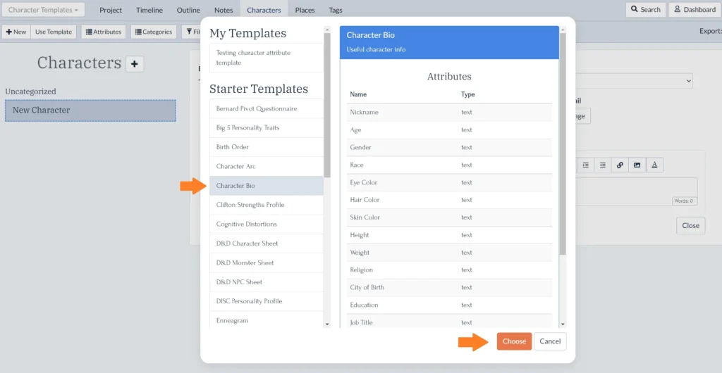 Adding a character template in Plottr