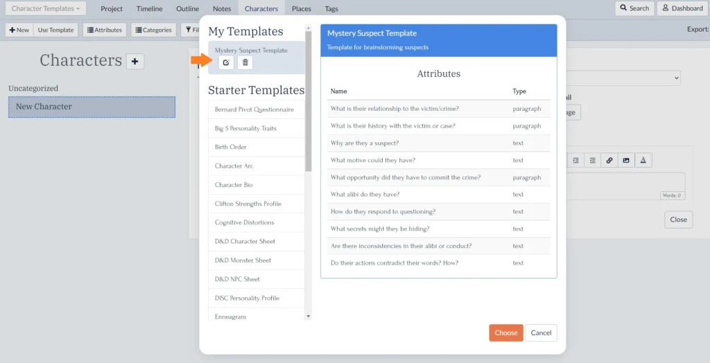 Example user-made mystery suspect template in Plottr