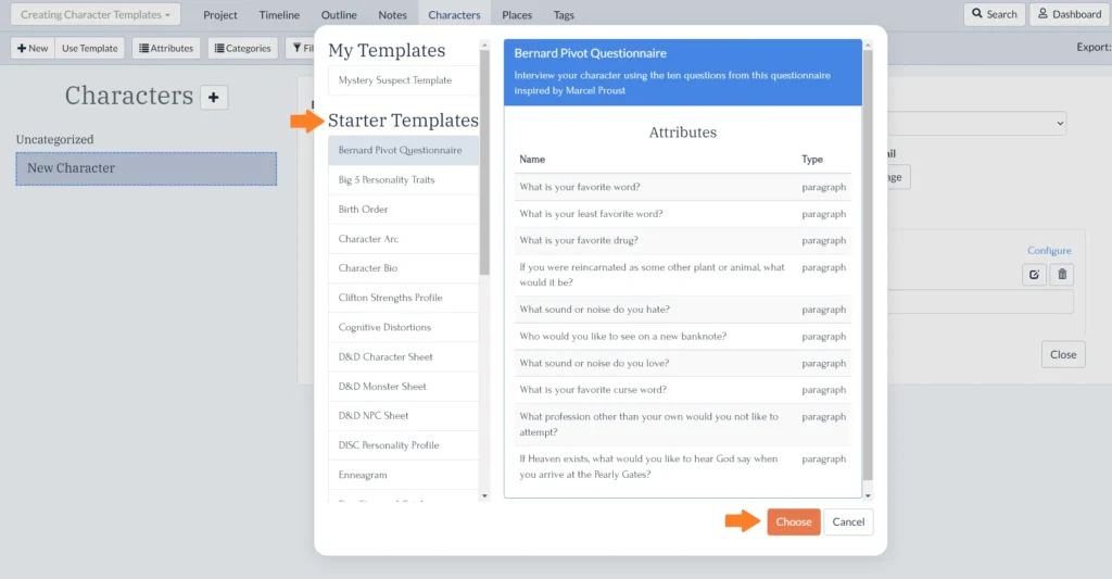 Choosing a character template sheet in Plottr
