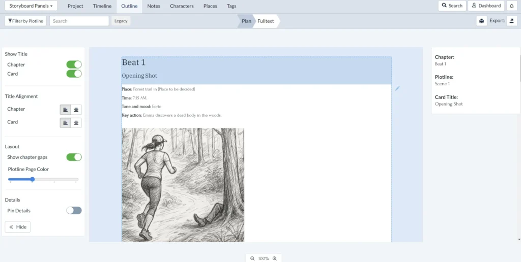 Using the fulltext view in Plottr to edit your storyboard