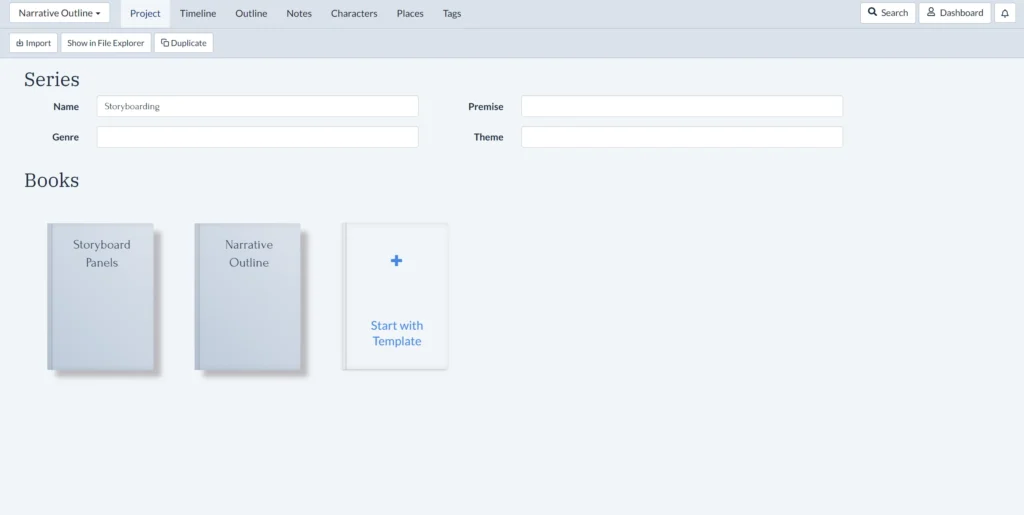 Project view in Plottr showing books per storyboard and outline