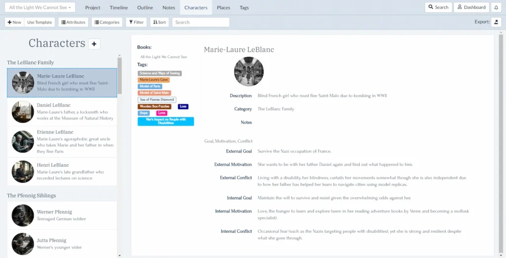 Character dossiers in Plottr - outlining historical fiction characters