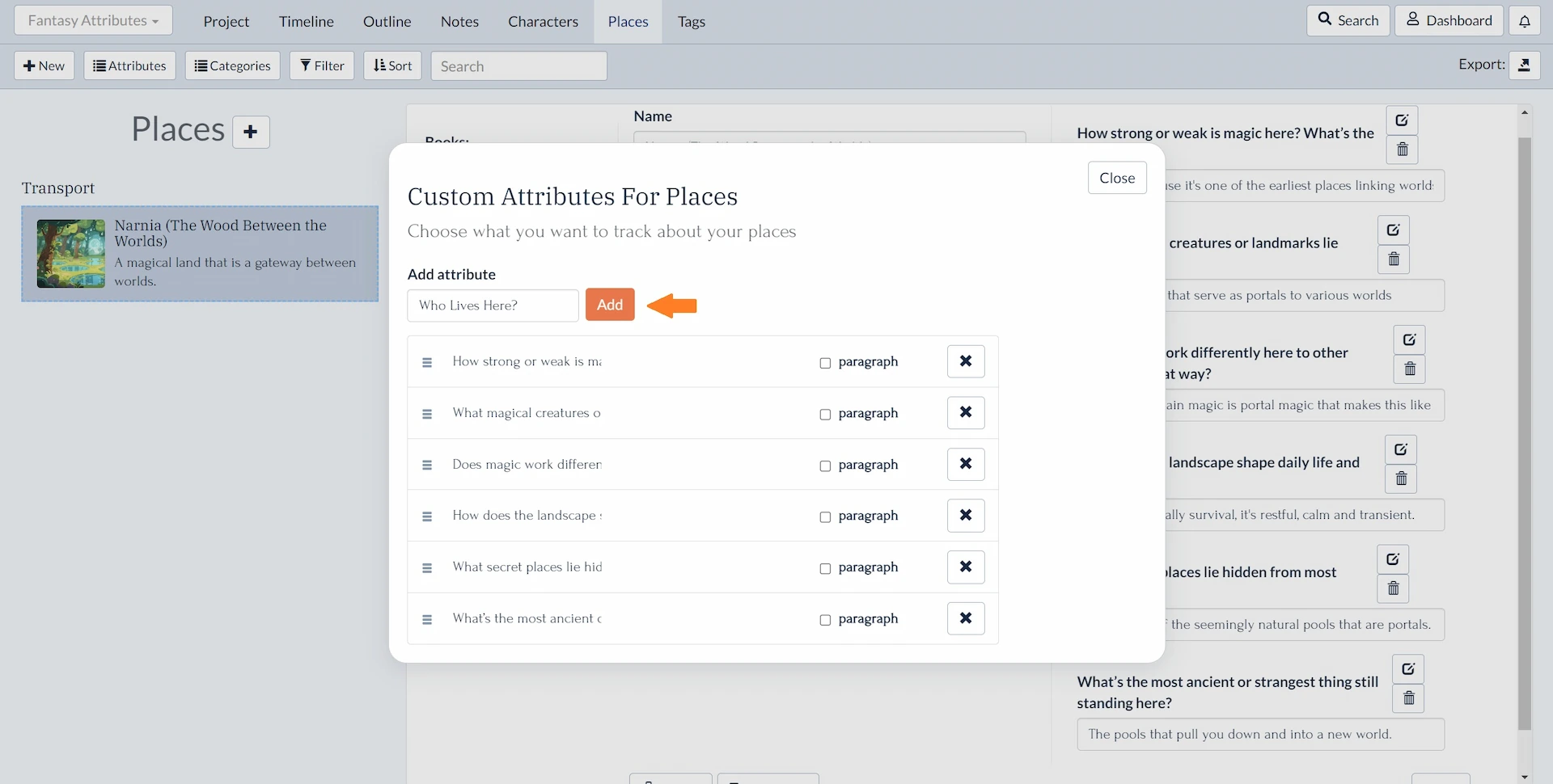 Adding custom place attributes in Plottr